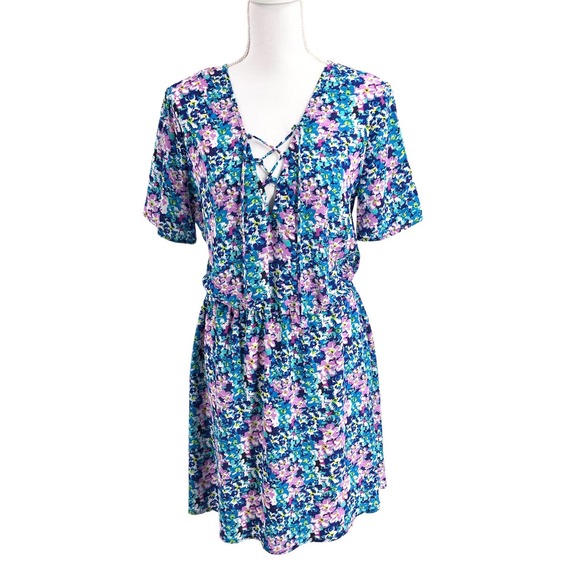 Charles Henry Womens Size Medium Lace-Up Front Summer Abstract Floral Dress - Picture 1 of 9
